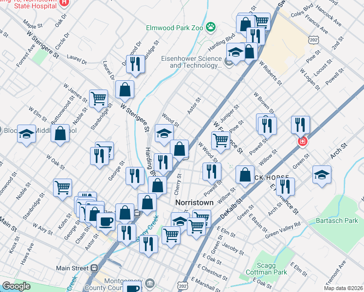 map of restaurants, bars, coffee shops, grocery stores, and more near 1246 Markley Street in Norristown