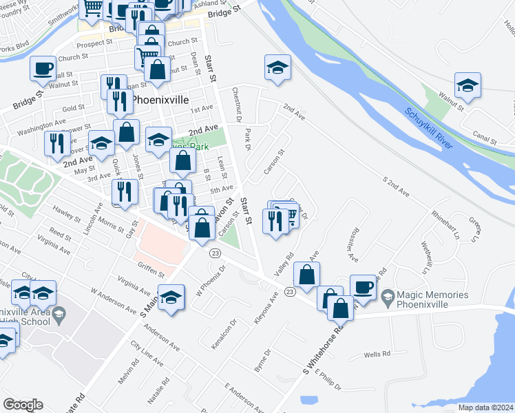 map of restaurants, bars, coffee shops, grocery stores, and more near 743 Starr Street in Phoenixville