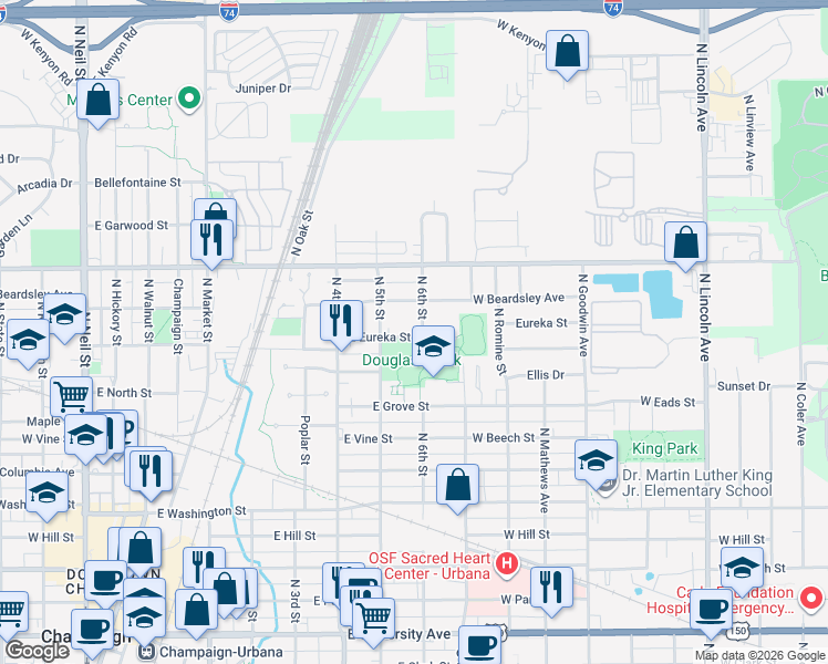 map of restaurants, bars, coffee shops, grocery stores, and more near 504 East Eureka Street in Champaign
