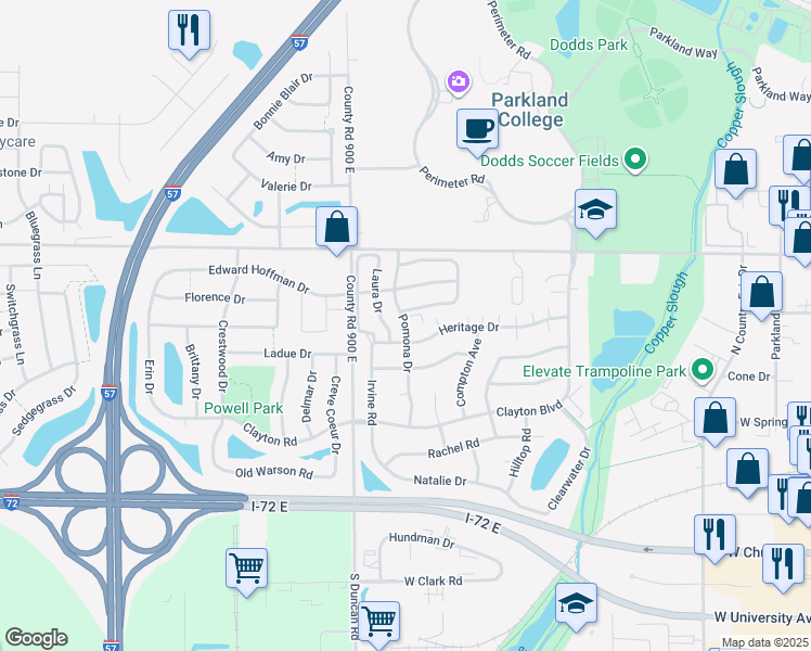 map of restaurants, bars, coffee shops, grocery stores, and more near 902 Pomona Drive in Champaign