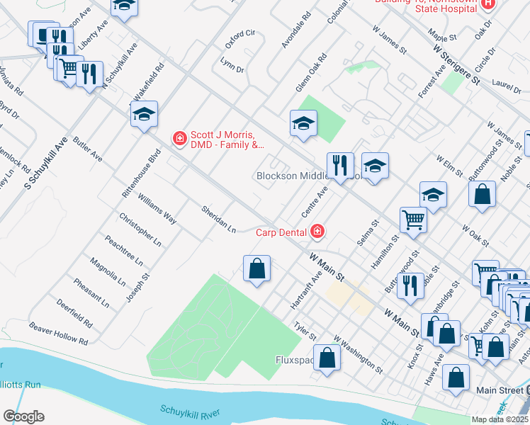 map of restaurants, bars, coffee shops, grocery stores, and more near 1521 West Main Street in Norristown