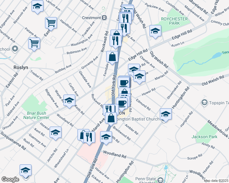 map of restaurants, bars, coffee shops, grocery stores, and more near 1495 Old York Road in Abington