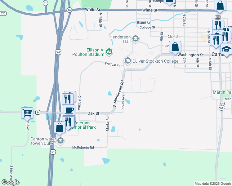 map of restaurants, bars, coffee shops, grocery stores, and more near 701 South Monticello Road in Canton