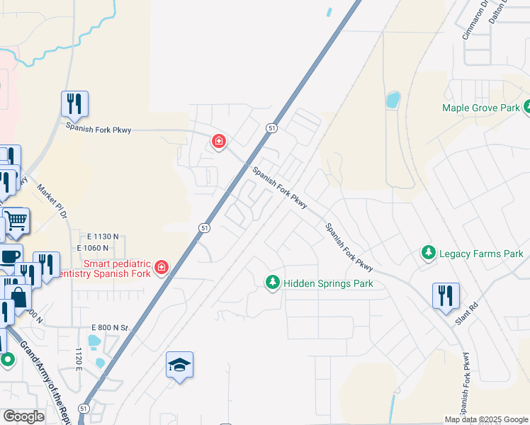 map of restaurants, bars, coffee shops, grocery stores, and more near 1222 Firefly Drive in Spanish Fork
