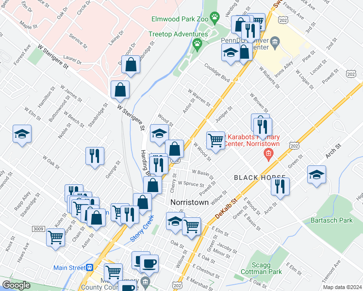 map of restaurants, bars, coffee shops, grocery stores, and more near 1215 Markley Street in Norristown