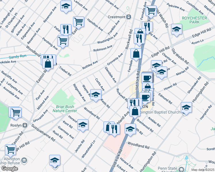 map of restaurants, bars, coffee shops, grocery stores, and more near 2112 Clearview Avenue in Abington