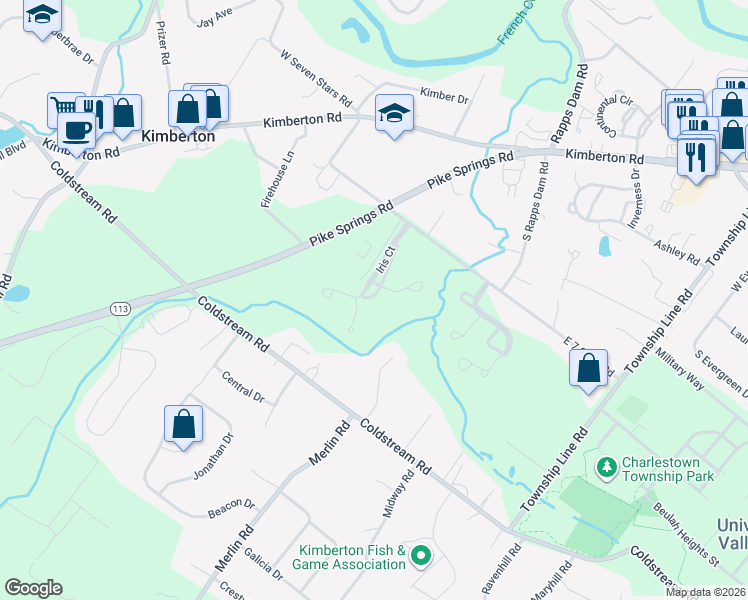 map of restaurants, bars, coffee shops, grocery stores, and more near 1501 Briarwood Court in Phoenixville