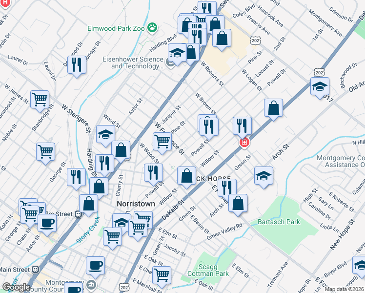 map of restaurants, bars, coffee shops, grocery stores, and more near 27 West Fornance Street in Norristown