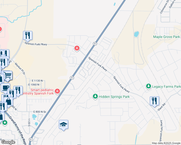 map of restaurants, bars, coffee shops, grocery stores, and more near 1213 Firefly Drive in Spanish Fork