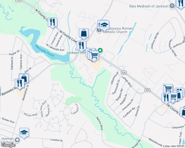 map of restaurants, bars, coffee shops, grocery stores, and more near 122 Meli Lane in Jackson Township