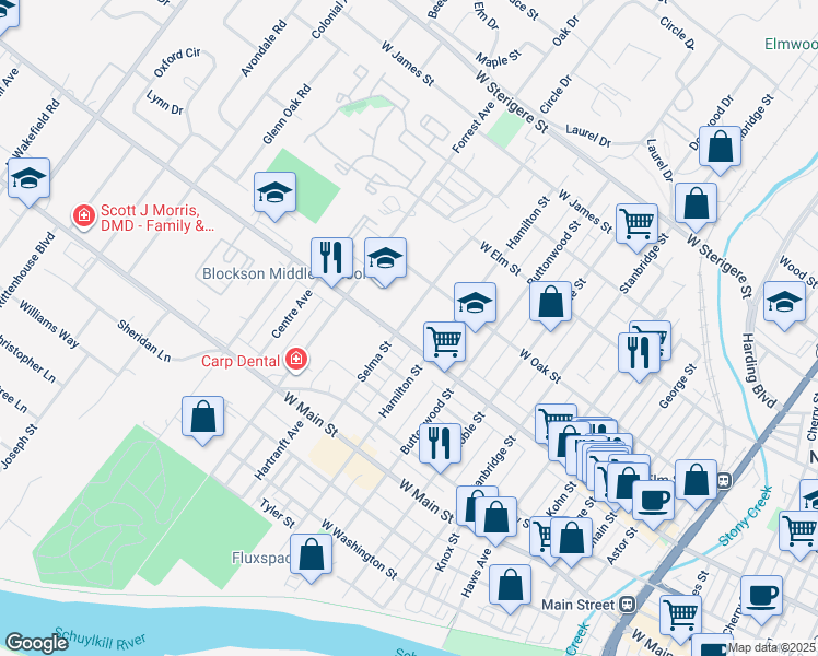 map of restaurants, bars, coffee shops, grocery stores, and more near 600 Selma Street in Norristown