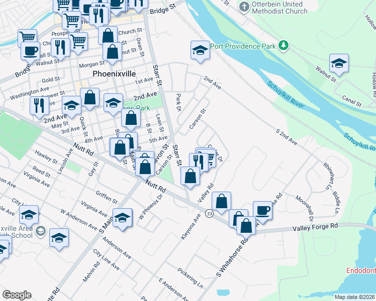 map of restaurants, bars, coffee shops, grocery stores, and more near 743 Starr Street in Phoenixville