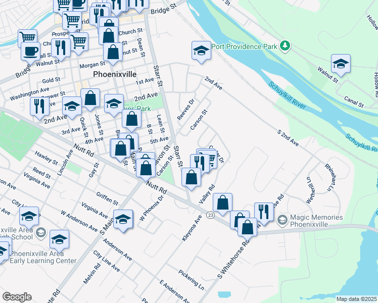 map of restaurants, bars, coffee shops, grocery stores, and more near 743 Starr Street in Phoenixville