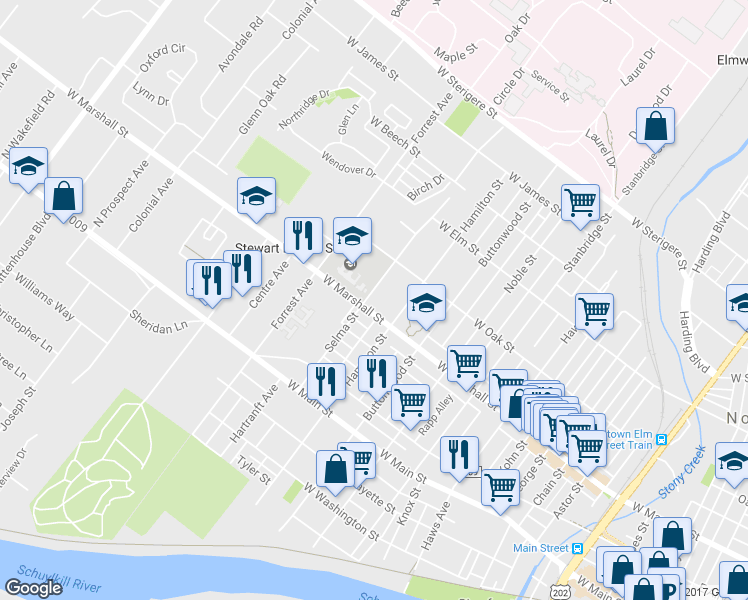 map of restaurants, bars, coffee shops, grocery stores, and more near 600 Selma Street in Norristown