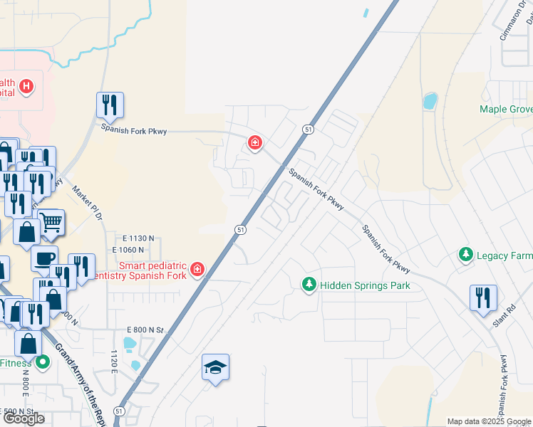 map of restaurants, bars, coffee shops, grocery stores, and more near 1228 Cattail Drive in Spanish Fork