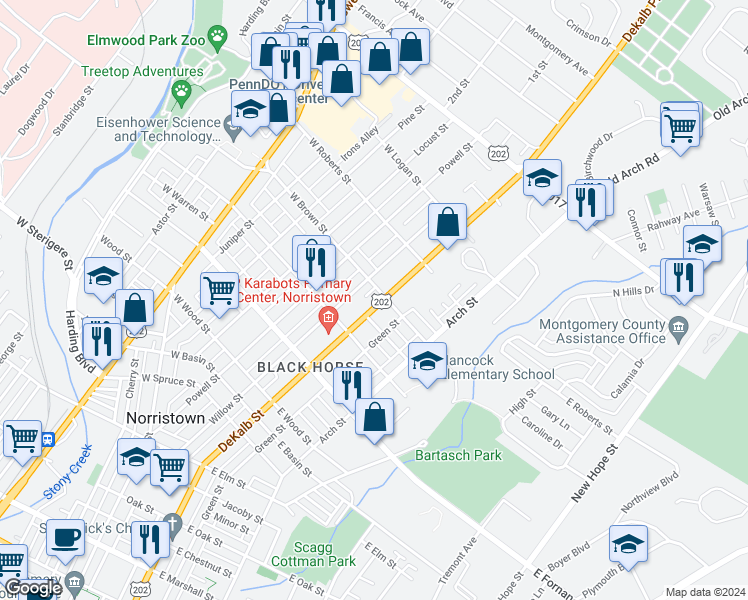 map of restaurants, bars, coffee shops, grocery stores, and more near 1543 DeKalb Street in Norristown