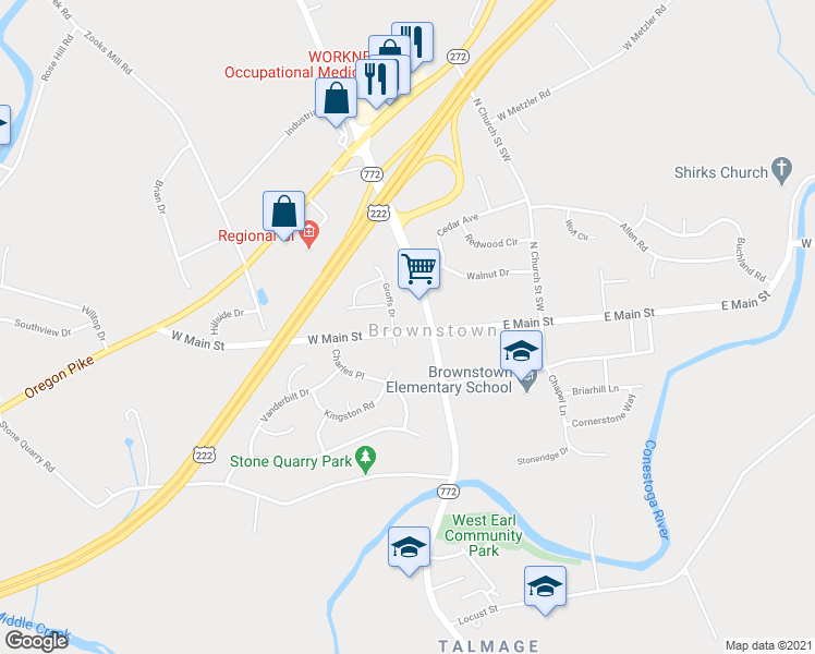 map of restaurants, bars, coffee shops, grocery stores, and more near 11 West Main Street in Ephrata