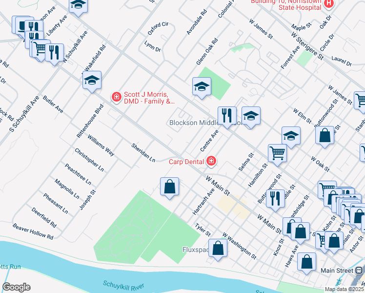 map of restaurants, bars, coffee shops, grocery stores, and more near 1521 West Main Street in Eagleville