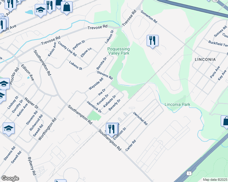 map of restaurants, bars, coffee shops, grocery stores, and more near 15155 Kovats Drive in Philadelphia