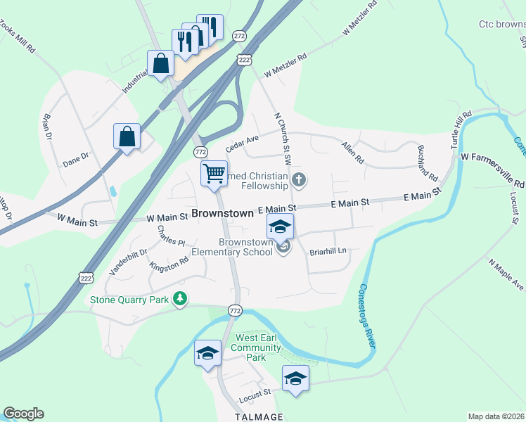 map of restaurants, bars, coffee shops, grocery stores, and more near 30 East Main Street in Ephrata