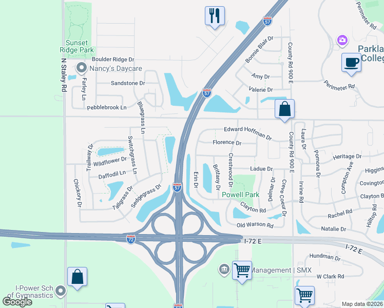 map of restaurants, bars, coffee shops, grocery stores, and more near 712 Erin Drive in Champaign