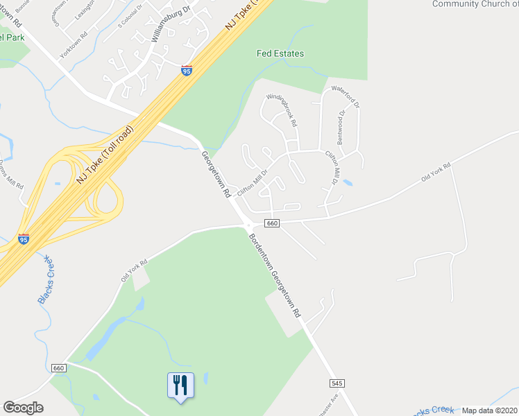 map of restaurants, bars, coffee shops, grocery stores, and more near 21 Wyndham Court in Bordentown