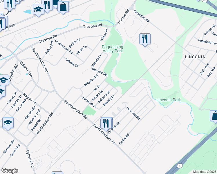 map of restaurants, bars, coffee shops, grocery stores, and more near 15155 Kovats Drive in Philadelphia