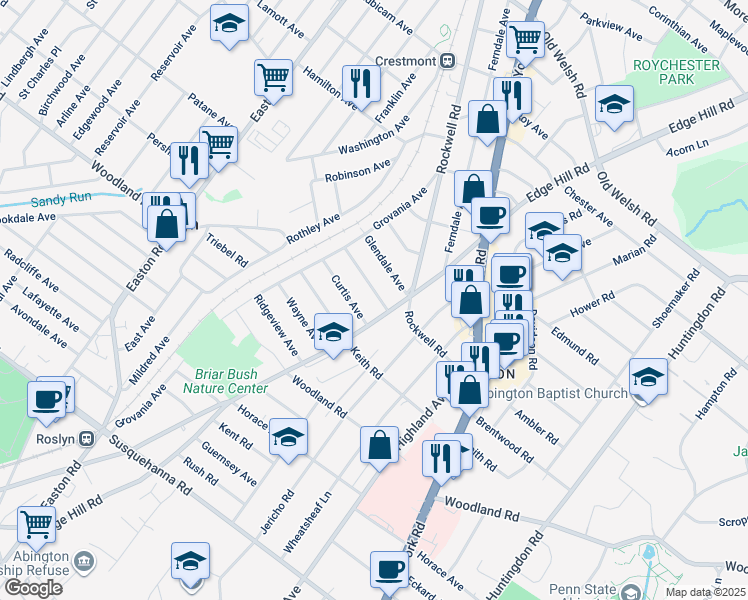 map of restaurants, bars, coffee shops, grocery stores, and more near 2112 Clearview Avenue in Abington