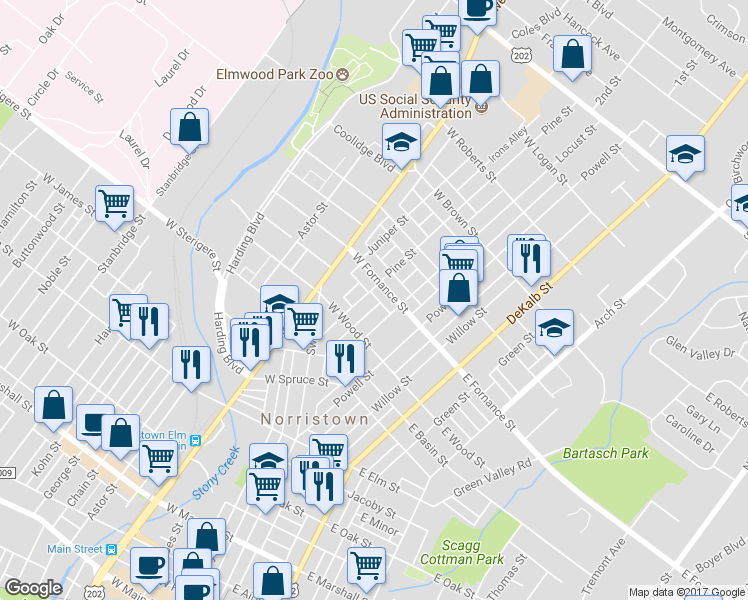 map of restaurants, bars, coffee shops, grocery stores, and more near 1340 Pine Street in Norristown