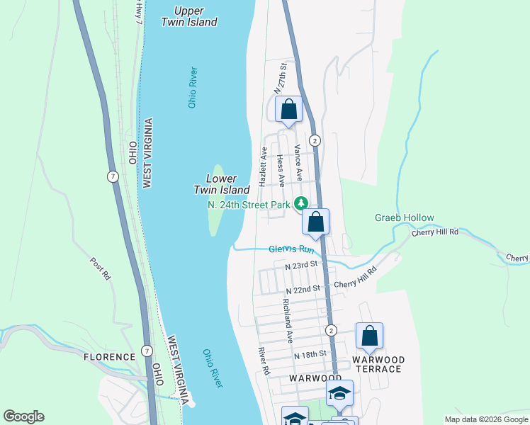 map of restaurants, bars, coffee shops, grocery stores, and more near 2244 Ritz Ave in Wheeling