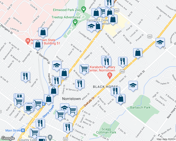 map of restaurants, bars, coffee shops, grocery stores, and more near 110 West Fornance Street in Norristown