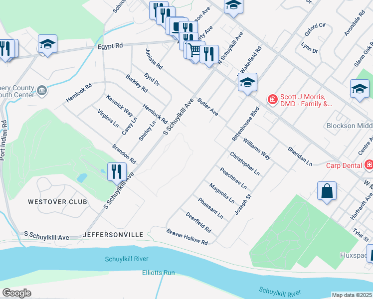 map of restaurants, bars, coffee shops, grocery stores, and more near 544 Brandon Road in Eagleville