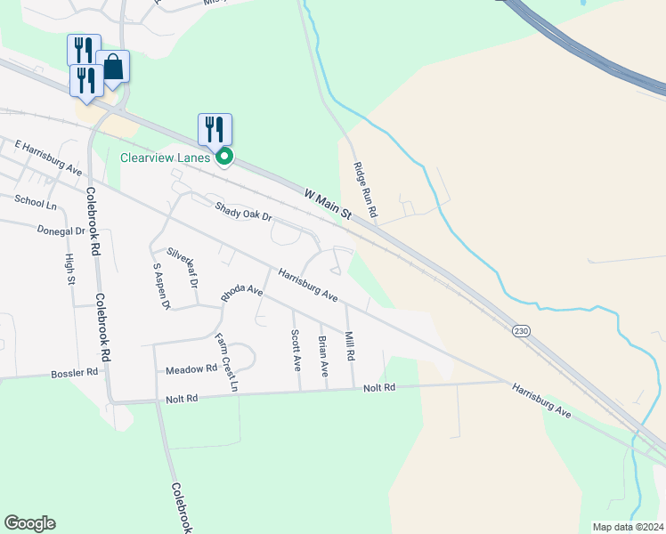 map of restaurants, bars, coffee shops, grocery stores, and more near 1840 Bradfield Drive in Mount Joy