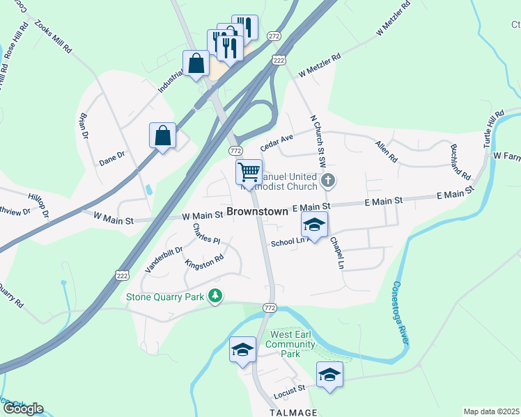 map of restaurants, bars, coffee shops, grocery stores, and more near 1 East Main Street in Ephrata