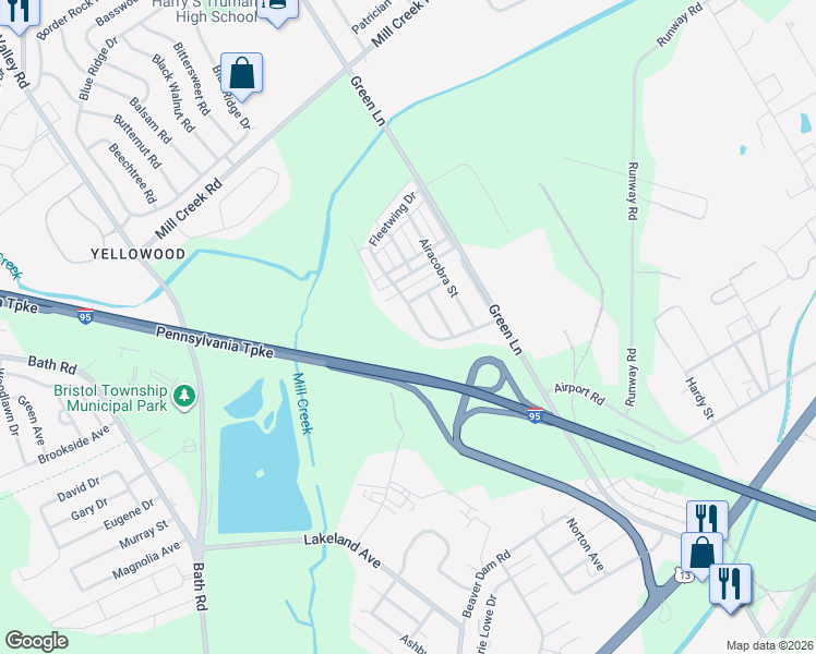 map of restaurants, bars, coffee shops, grocery stores, and more near 2204 Fleetwing Drive in Levittown