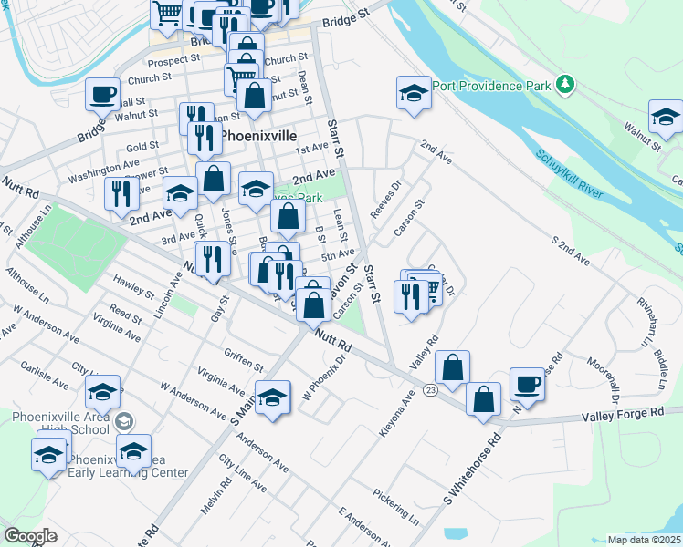 map of restaurants, bars, coffee shops, grocery stores, and more near 146 6th Avenue in Phoenixville