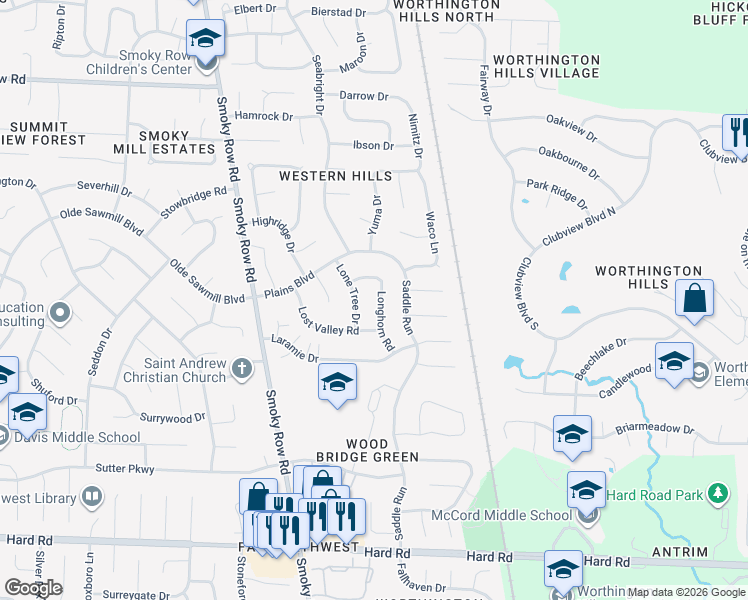 map of restaurants, bars, coffee shops, grocery stores, and more near 8189 Longhorn Road in Powell
