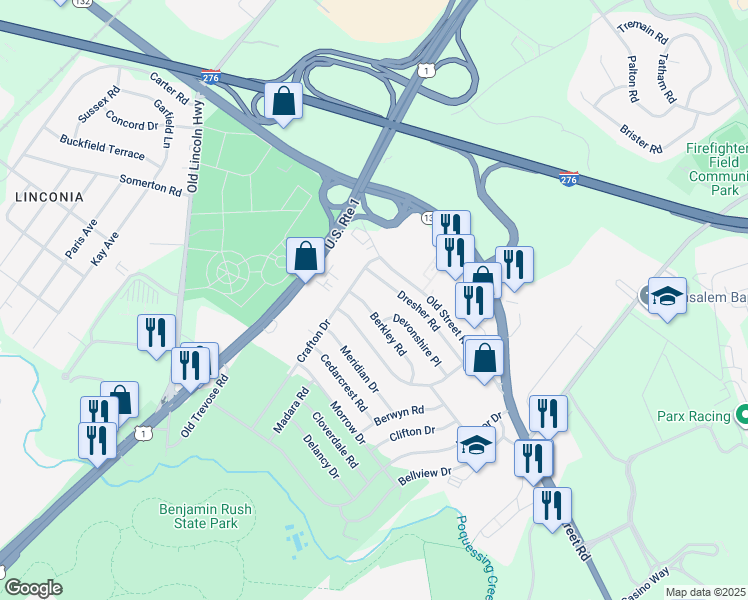 map of restaurants, bars, coffee shops, grocery stores, and more near 3837 Berkley Road in Bucks County