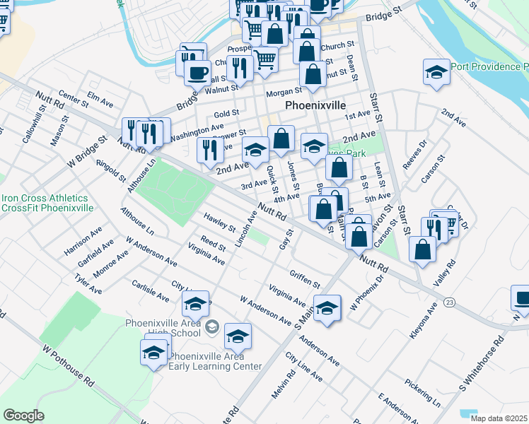 map of restaurants, bars, coffee shops, grocery stores, and more near 238 Nutt Road in Phoenixville