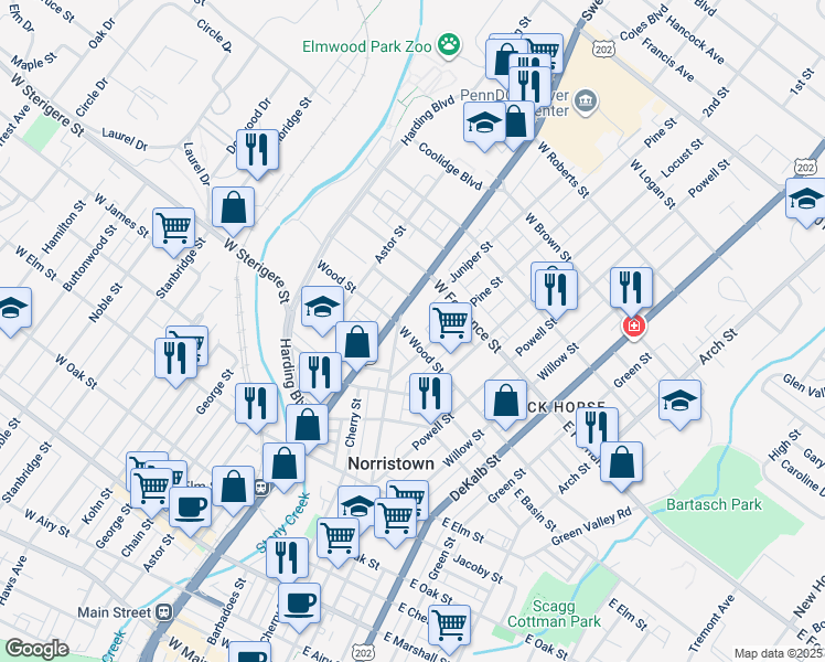 map of restaurants, bars, coffee shops, grocery stores, and more near 215 West Wood Street in Norristown