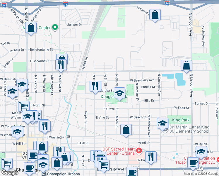 map of restaurants, bars, coffee shops, grocery stores, and more near 504 East Eureka Street in Champaign