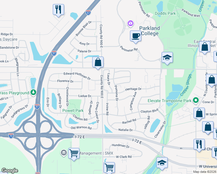 map of restaurants, bars, coffee shops, grocery stores, and more near 913 Laura Drive in Champaign