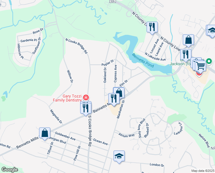 map of restaurants, bars, coffee shops, grocery stores, and more near 6 Oakland Drive in Jackson