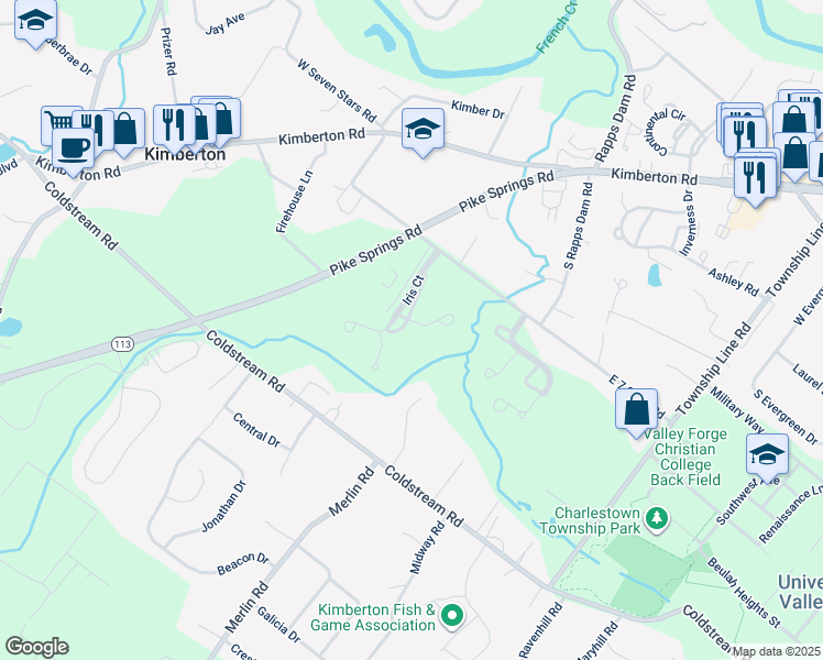 map of restaurants, bars, coffee shops, grocery stores, and more near 1302 Black Walnut Drive in Phoenixville