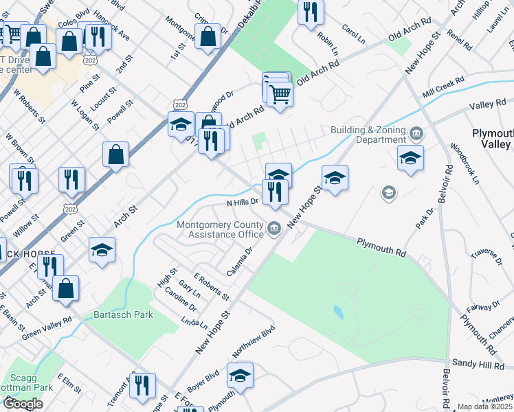 map of restaurants, bars, coffee shops, grocery stores, and more near 1830 North Hills Drive in Norristown