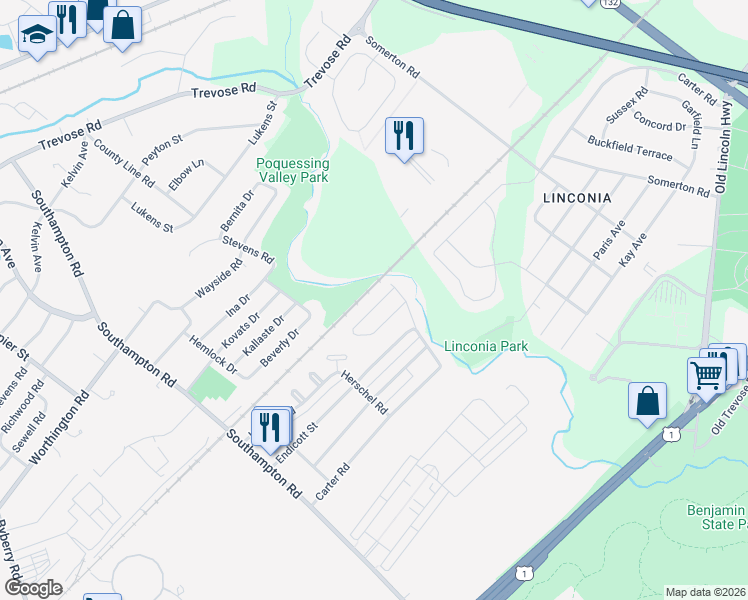 map of restaurants, bars, coffee shops, grocery stores, and more near 15031 Liberty Lane in Philadelphia