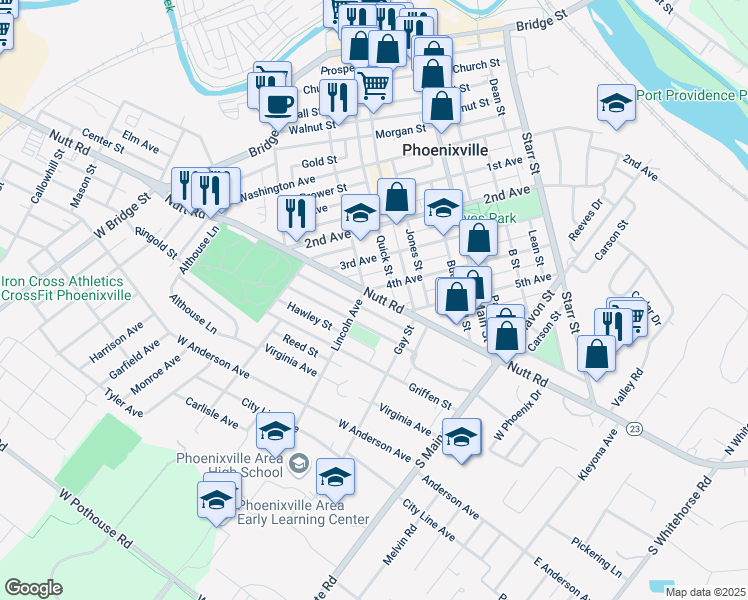 map of restaurants, bars, coffee shops, grocery stores, and more near 238 Nutt Road in Phoenixville