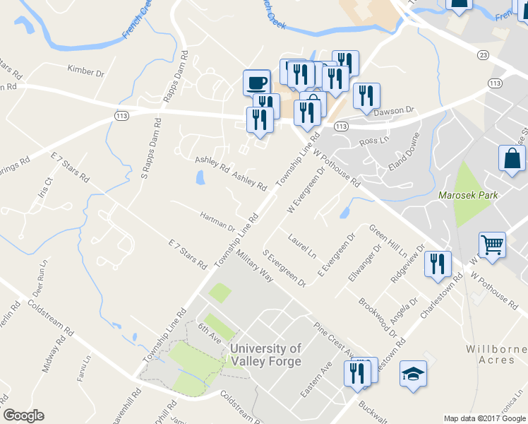 map of restaurants, bars, coffee shops, grocery stores, and more near 12 Mockingbird Lane in Phoenixville