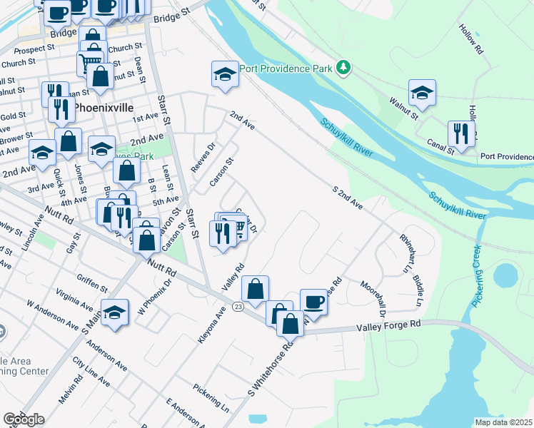 map of restaurants, bars, coffee shops, grocery stores, and more near 743 Valley Road in Phoenixville