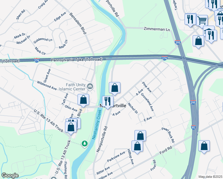 map of restaurants, bars, coffee shops, grocery stores, and more near 4607 Newportville Road in Levittown